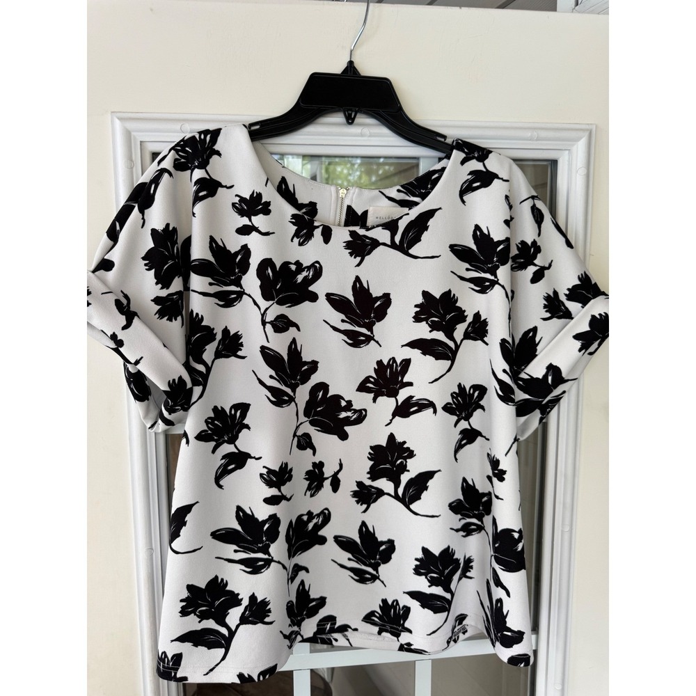 MelloDay Women's Cream Black Floral Sz L Blouse Cream Secretary Career Modest